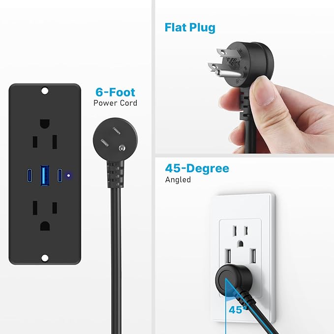 CCCEI Recessed Power Strip with Outlet and 65W USB C Ports, Furniture Flush Mount Power Strip, Small Desk Hidden Outlet for Conference Table, Nightstand, Black, 6FT.