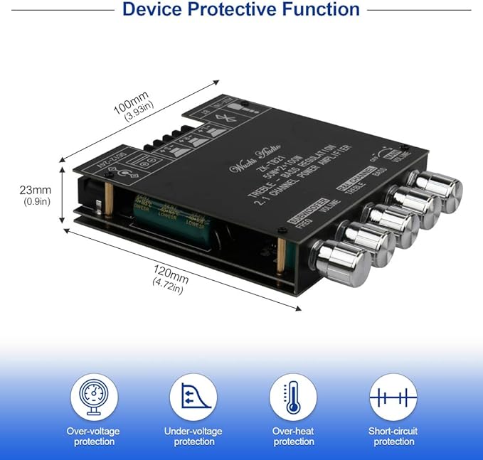 Bluetooth Audio Amplifier Board, ZK-TB21 2.1CH 50W x 2 +100W Subwoofer Power Amp with Treble and Bass Control, Bluetooth5.0 and AUX Inputs, Stereo Digital AMP for DIY Home Speakers