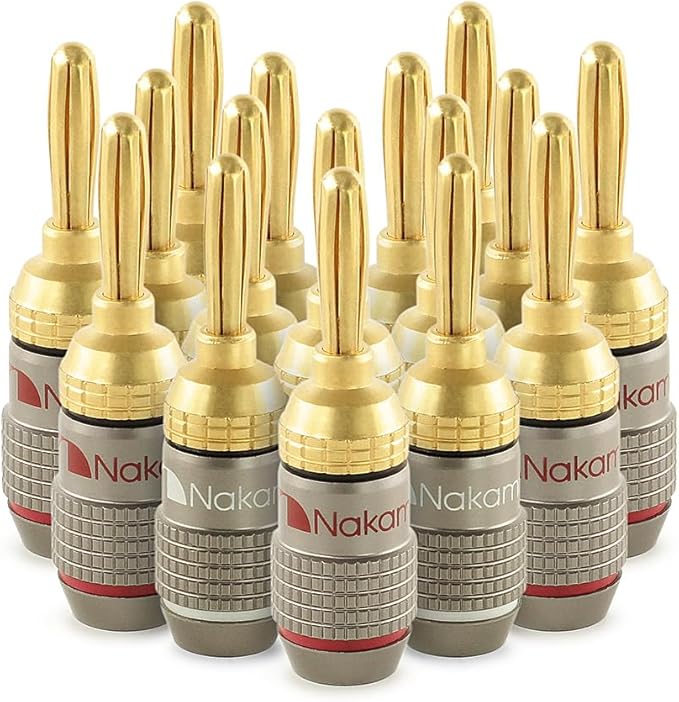 Nakamichi FanLock Excel Series 24k Gold Plated Banana Plugs 10 AWG - 18 AWG Gauge Size 4mm for Speakers Amplifier Hi-Fi Stereo Home Theatre Radio Audio Wire Cable Quick Connector, 16 Pcs (8-Pairs)