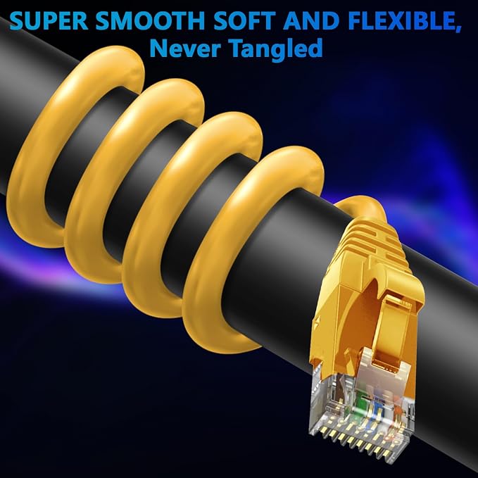 Adoreen Cat 6 Ethernet Cable 60 Ft-Yellow, Outdoor & Indoor Snagless Long Round - Image 2