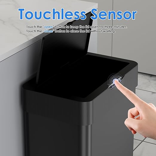 AthLike Sensor Trash Can, Touchless Motion Sensor Trash Bin, Smart Automatic Garbage Can with Soft-Close Lid, Bag Retainer Ring and Display Light,for Kitchen,Living Room Office (Black, 16 Gal)