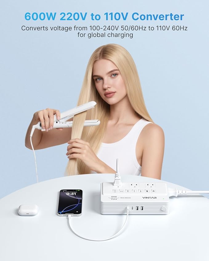 220V to 110V Travel Voltage Converter, VINTAR 600W Pure Sine Wave Voltage Converter US to Europe, Power Converter Adapter Combo Step Down Transformer for CPAP Hair Straightener Curling Iron