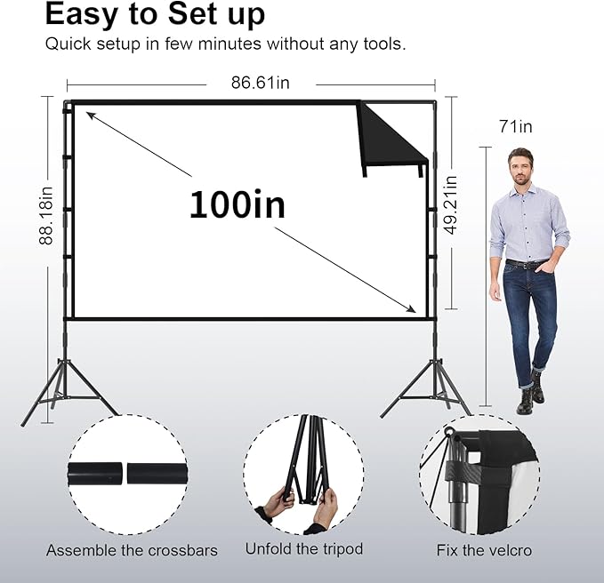 Projector Screen with Stand, TOWOND 100 inch Portable Projector Screen Black Backing, Indoor Outdoor Movie Screen 16:9 4K HD Wrinkle-Free Projection Screen with Carry Bag for Backyard Movie Night