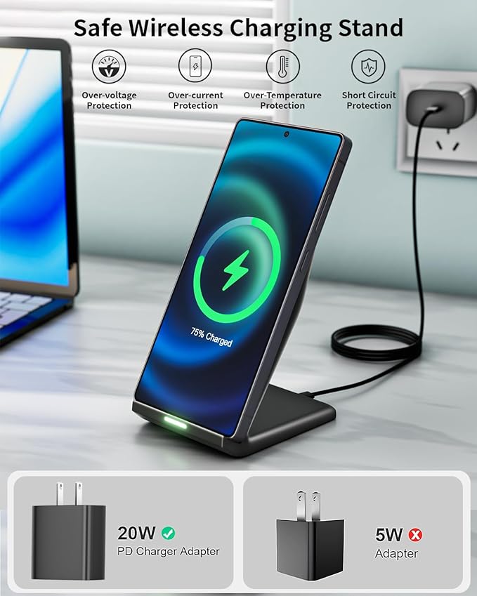 Wireless Charger Stand, 15W Fast Phone Wireless Charging Stand Station with 20W USB C Brick for Samsung W26/S25 Ultra/S24+/S23/S22+/S21, iPhone Air/17 Pro Max/16/15/14/13/12 with Sleep-Friendly Light