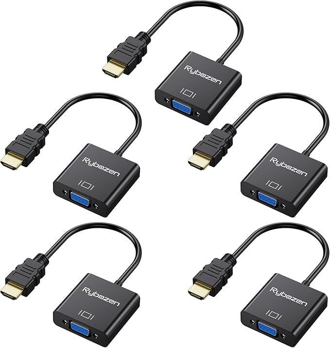 HDMI to VGA Adapter 5 Pack, Gold-Plated HDMI to VGA Converter (Male to Female), Compatible for Computer, Laptop, PC, Monitor, Projector, HDTV, Chromebook, Raspberry Pi, Roku, Xbox and More