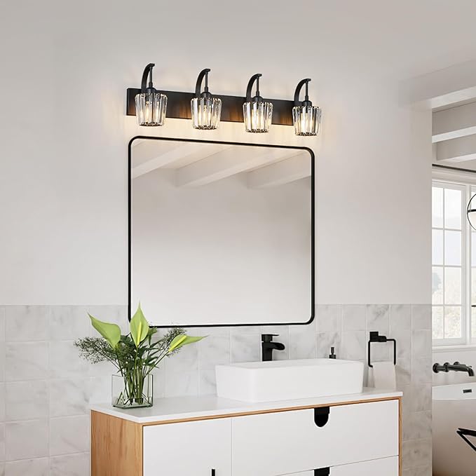 FDPBY Modern Bathroom Vanity Light, 4-Light Black Wall Sconce with Crystal Accents, Over Mirror Bathroom Lighting Fixture, 32.67" Long Dimmable Vanity Lamp for Makeup, Easy Installation