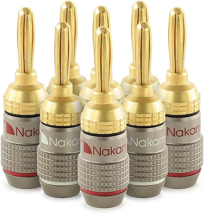 Nakamichi FanLock Excel Series 24k Gold Plated Banana Plugs 10 AWG - 18 AWG Gauge Size 4mm for Speakers Amplifier Hi-Fi Stereo Home Theatre Radio Audio Wire Cable Quick Connector, 8 Pcs (4-Pairs)