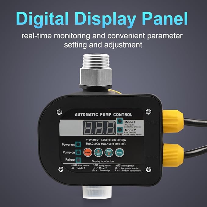 OELFFOW Smart Pump Controller with 2 Metal Pump Connector, BSPP G1 Threaded Interface, 2 Modes Digital Display, Adjustable Pressure, High Power, for Home, Garden, Industrial Use