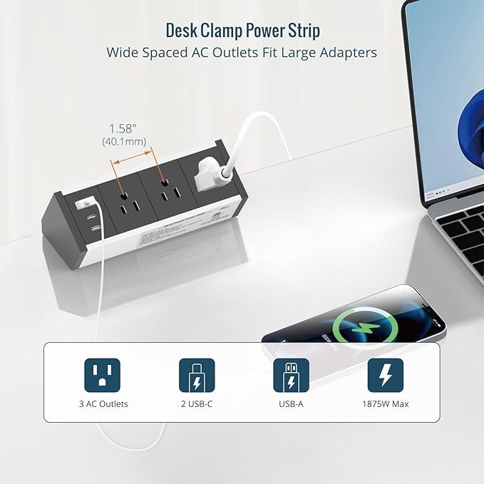 Tecmojo Desk Clamp Power Strip 3 Outlet with 1 USB A and 2 USB C Ports, 6 ft Cord, Desk Outlet Station Fit 1.6" Tabletop Edge,ETL Listed,Black