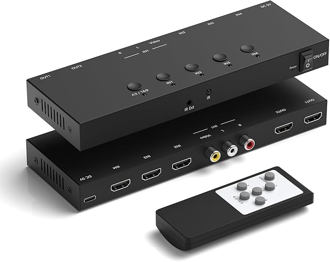 Dingsun 3 Way HDMI 2.0+ RCA to 2 Way HDMI Converter for Fire Stick，ROKU, N64, NGC, Wii, PS2/3/4/5, Xbox Series, Xbox ONE, Switch ect.(4In to 2Out)