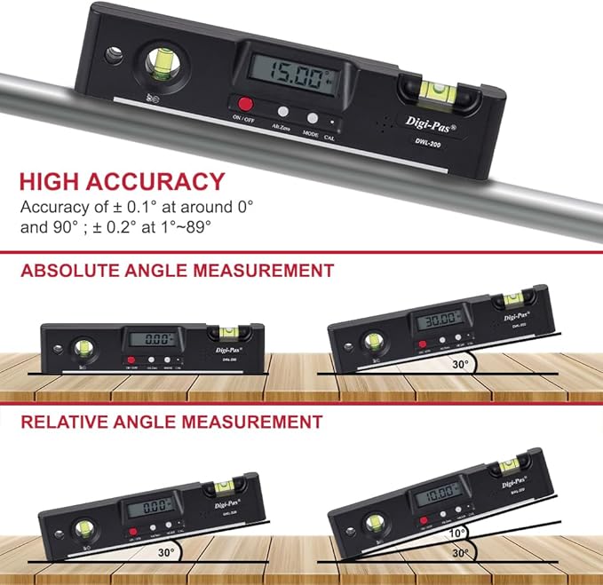 Digi-Pas DWL200 Electronic Torpedo Level, Protractor, Angle Gauge, Angle Finder, Bevel Gauge, Magnet, 0.1°, 7 inch