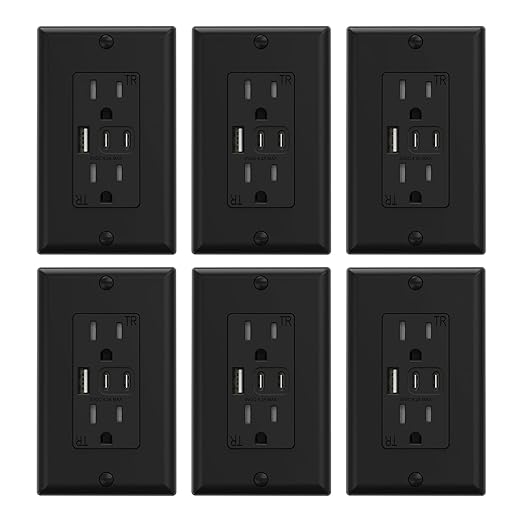ELEGRP USB Outlets, 15 Amp Wall Outlet with 3 USB Ports, Dual USB C Ports Outlets, TR Tamper-Resistant USB Outlets Receptacles, Wall Plate Included, UL/CUL Listed, 6 Pack, Black