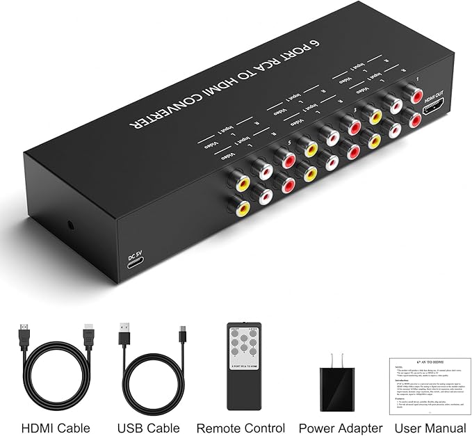 RuiPuo 6Port AV to HDMI Converter RCA/Composite/CVBS Adapter Support 16:9/4:3 Switch for Wii/N64/PS1/PS2/PS3/VHS/VCR/DVD Players etc (6Port RCA in to 1 HDMI Converter with IR Remote)