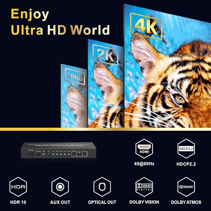 iArkPower 5 in 1 Out 4K@60Hz HDMI Switch Audio Extractor with Optical & 3.5mm Out, HDMI 2.0 Audio Splitter Support HDR 10, HDCP 2.2, 18Gbps, Dolby Vision Atmos, ARC, not eARC