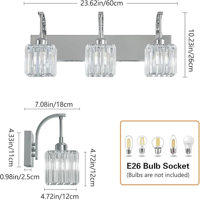 FDPBY Crystal Vanity Lights 3-Light Chrome Bathroom Vanity Lights Modern Crystal Bathroom Light Fixtures Over Mirror 23.62" Long Vanity Light for Bathroom