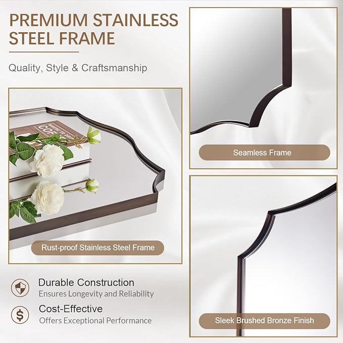 ANDY STAR 30x40 Inch Bronze Mirror, Large Bathroom Mirror with Anti-Rust Stainless Steel Metal Frame, Unique Rectangle Mirror, Stunning Curved Design Ideal for Home Remodel