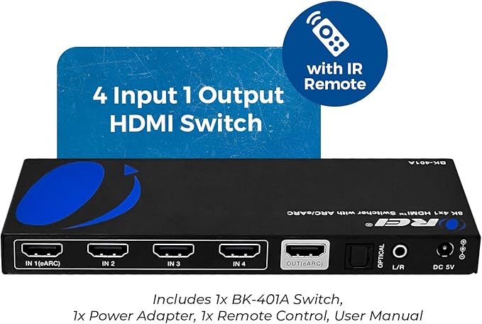 OREI 8K eARC HDMI 2.1 Switch 4x1, Switcher with Audio Extractor UltraHD Supports Upto 4K @ 120Hz PS5, Xbox, Gaming, Remote Contorl IR EDID HDCP 2.3 - Optical Out, L/R Headphones (BK-401ARC)