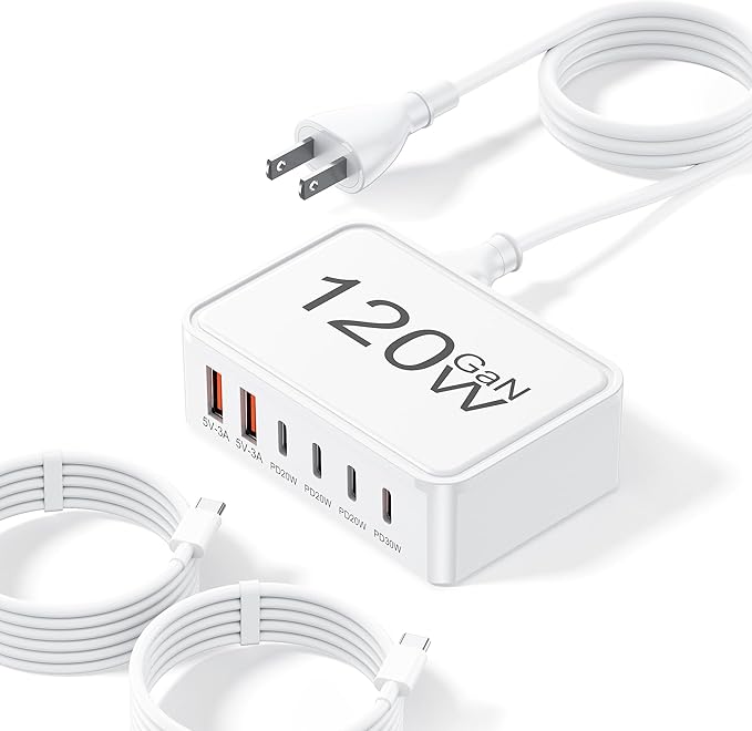 USB C Charger Block, 120W 6 Port USB Charging Station for Multiple Devices, Multi Type C Fast Charging Hub for iPhone 17 16 15 14 Pro Max ipad Samsung Galaxy, Perfect for Travel Home Office, White