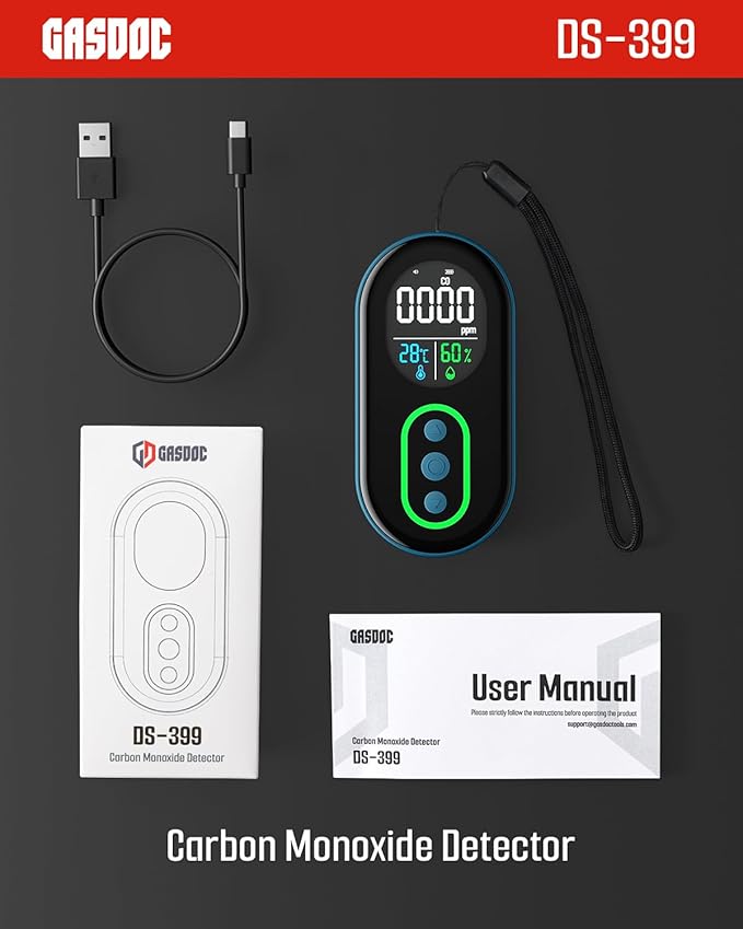 GasDoc DS-399 Portable Carbon Monoxide Detector, 168H Standby, Rechargeable 3-in-1 CO Detector with Audible & Visual Alerts for Travel & Camping, CO Meter for Home, Car & Tent