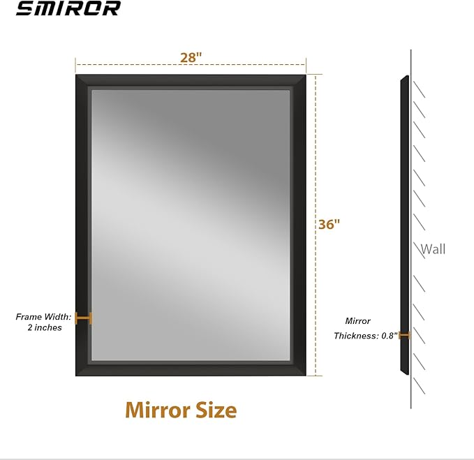 SMIROR Matte Black Bathroom Mirror for Over Sink 28x 36 inch, Metal Thick Frame Rectangle Vanity Mirror for Wall, Anti-Rust, Horizontally or Vertically Mounted