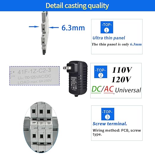 Electromechanical Relay Miniature Power Relay 110V/ 120V AC/DC HF41F/60-ZS 1NO 1NC 6A SPDT with LED Indicator, Socket Base, DIN Rail Slotted 3Pcs UL Certification