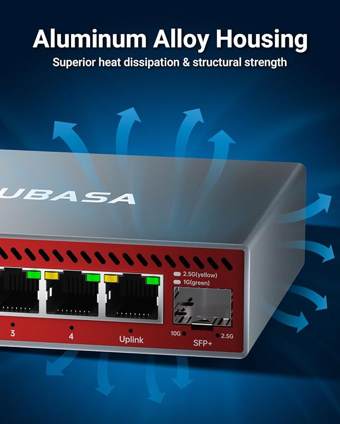 NUBASA 5-Port 2.5Gb Switch with 10Gb SFP+ Port, Unmanaged Multigig Ethernet Splitter for NAS, Gaming, PC - Plug & Play, Silent Aluminum Housing, 2.5 Gigabit Network Switch