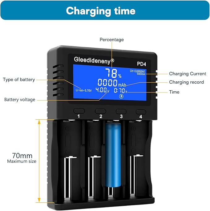 Gleedideneny 18650 Battery Charger,Universal Charger LCD Display for Rechargeable 3.7V 3.8V 3.2V 26650 20700 18650 18350 17670 17500 16340(RCR123) 14500 1.2V AA AAA SC C Size Batteries