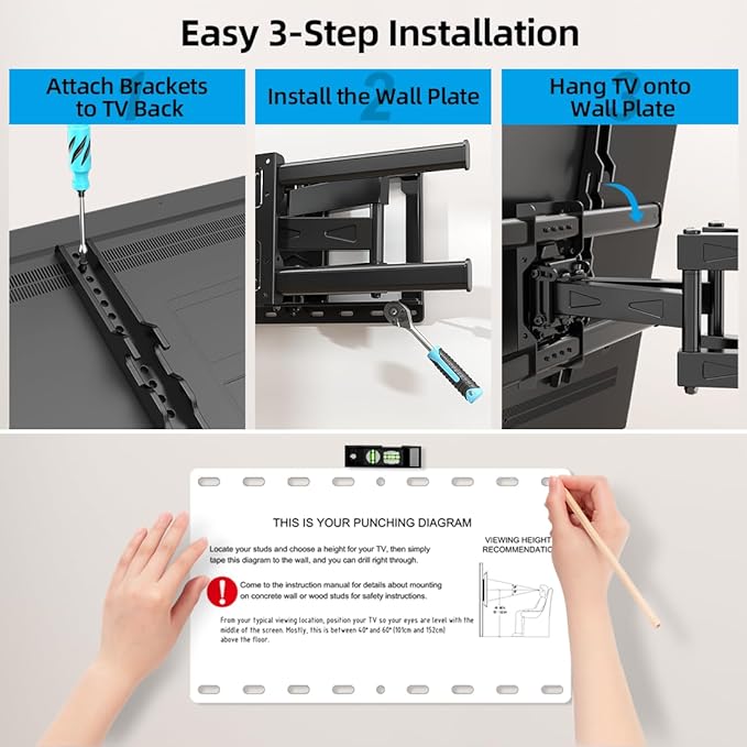 HOME VISION Full Motion TV Wall Mount for 32-85 inch TVs up to 132lbs, Fits 8”/ 12” /16” Wood Studs, TV Mount Wall Bracket with Dual Articulating Arms, Swivel, Tilt, Max VESA 600x400mm