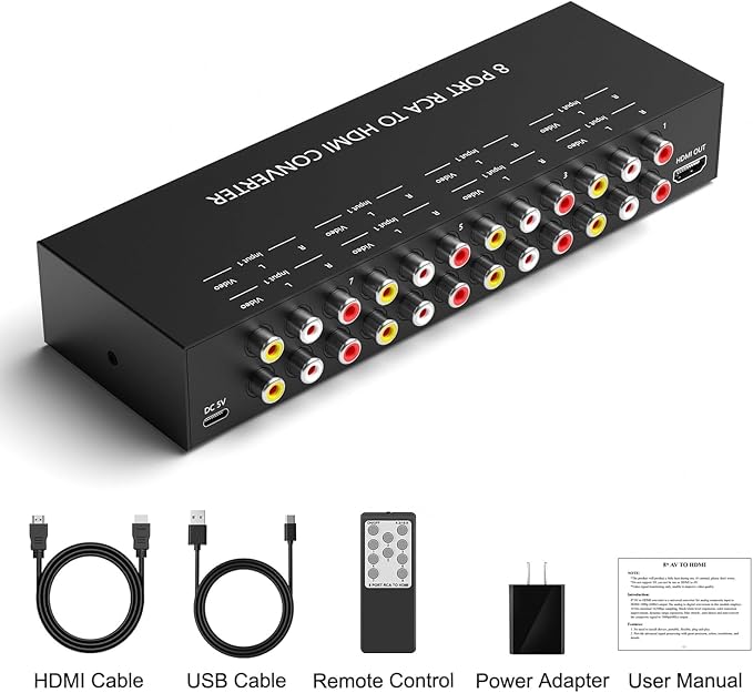 Azduou 8 AV to HDMI Converter, 1080P/720P 8 Way RCA Composite CVBS AV Switch to HDMI Converter Adapter Support 4:3/16:9 Switch for Sega Xbox PS1 PS2 PS3 N64 NGC SNES WII VHS VCR Camera DVD