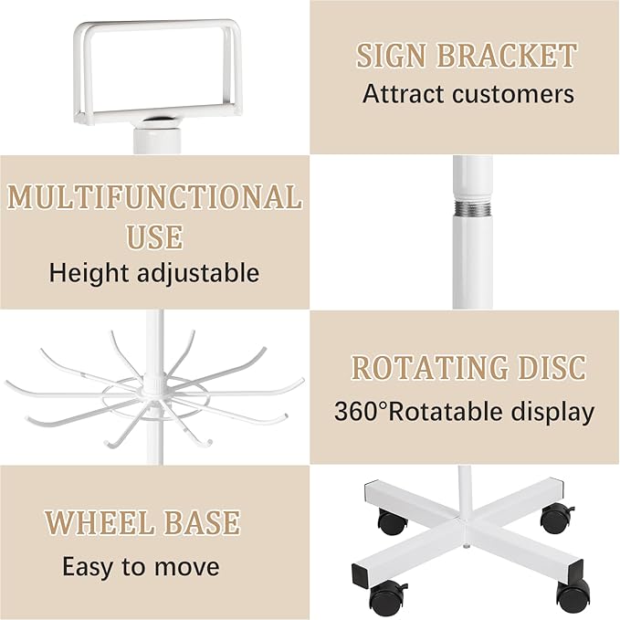 Exttlliy Retail Display Stand Store Display Rack 6 Tier Metal Spinning Display Stand Rack with Wheels Keychain Jewelry Stocking Hat Stand with Hooks for Malls, Showroom, Retail Store (6 Tier White)
