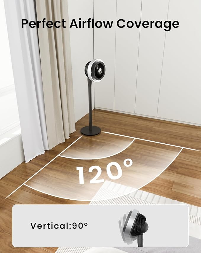 AIRMATE Standing Fan for Bedroom, (60°/90°/120°) Oscillating Fan with Light, Digital Display, (12-43") Adjustable Height, 16 Speeds, 12H Timer, 25dB, 92ft Quiet Pedestal Fan with Remote, DarkGrey