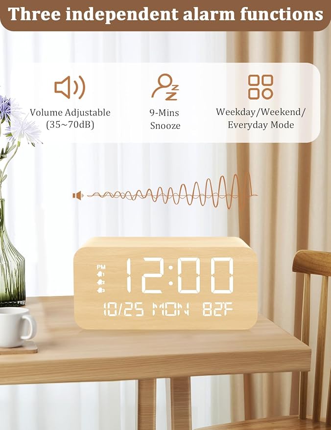 Digital Alarm Clock, with Wooden Electronic LED Time Display, 3 Alarm Settings, Humidity & Temperature Detect, Wood Made Electric Clocks for Bedroom, Bedside (Yellow-Wireless)