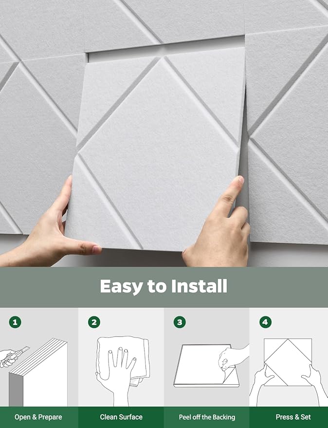 Topnaca Decorative Acoustic Soundproof Walls Panels for Room, 12 Pack White Self Adhesive Sound Absorbing and Noise Reducing Tiles for Studio, Bedroom, Home Office, Ceiling, Pared, 12"x12"x0.4"