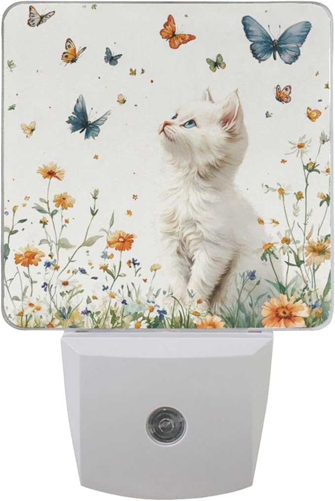 Pigsaly Led Night Light Butterfly Watercolor White Cat Night Light Plug in Wall Lamp Smart Dusk to Dawn Sensor Nightlight Led Lamp Energy Saving Lights Gift for Kids Room Bedroom Bathroom Hallway