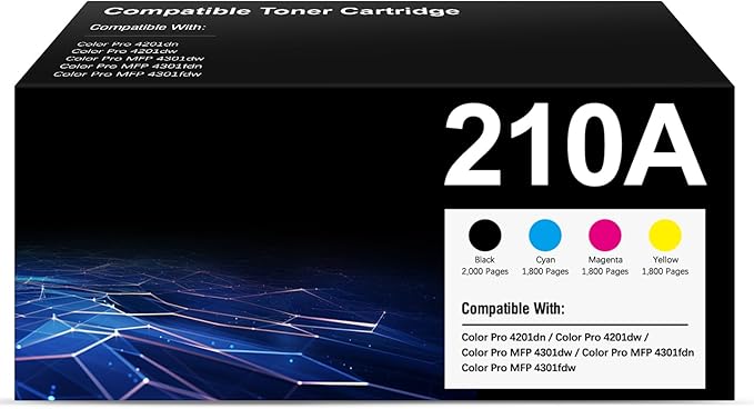 GoFlowmo 210A Toner Cartridge 4 Pack Set Compatible Replacement for HP 210A W2100A W2101A W2102A W2103A Works with HP Color Pro MFP 4301 4201 Series MFP 4301dw 4301fdn 4301fdw 4201dw Printer Color