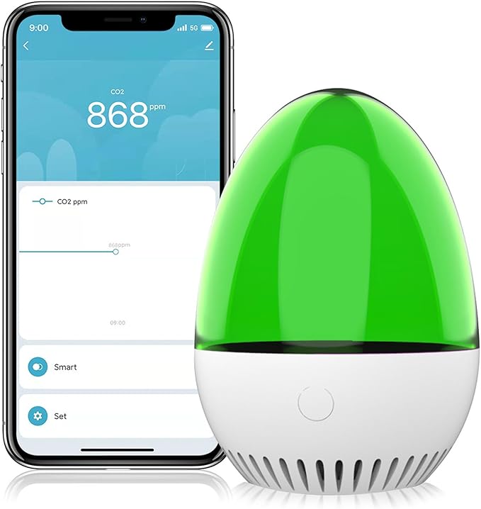 Smart CO2 Detector Air Quality Meter with WiFi Connectivity NDIR Sensor Real Time Monitoring for Home Office Indoor Spaces USB Rechargeable Egg Shaped Design