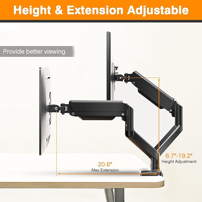 XEVKZO Dual Monitor Arms, Gas Spring Monitor Arms for 2 Monitors up to 34" Curved/Flat, 22lbs per Arm, VESA Mount 75x75 100x100mm, C-Clamp & Grommet Base, Adjustable Tilt/Swivel/Rotation