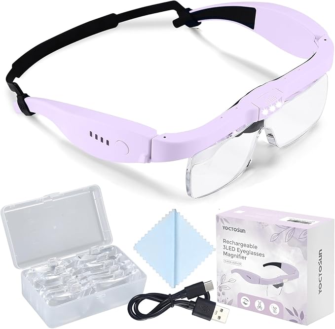 YOCTOSUN Magnifying Glass with Light, 0.75X-4.0X Magnifying Glasses, Rechargeable Head Magnifier with 5 Detachable Lenses, Magnifier Headset for Close Work Jewelry Crafts Hobby
