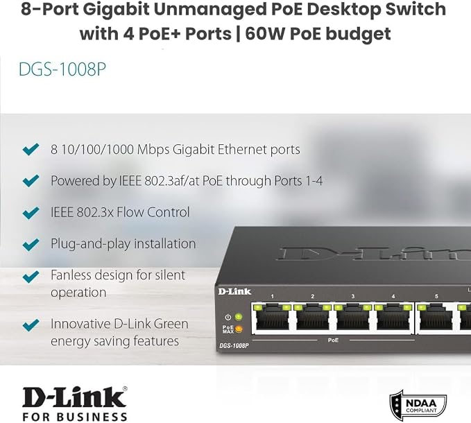 D-Link 8-Port Gigabit Unmanaged PoE+ Ethernet Switch, - Image 2