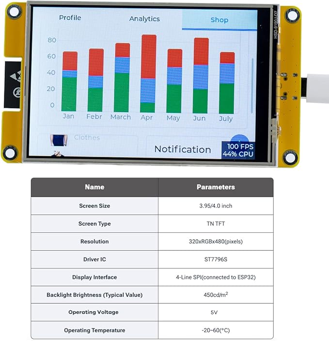 Hosyond 4.0'' 320x480 Touch Screen with ESP32-32E ESP32 Display with WiFi+BT, ST7796S Driver LCD TFT Screen Module for Arduino IoT