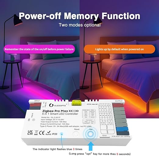 GLEDOPTO ZigBee 3.0 LED Strip Light Controller Pro Max 5 in 1 RGBCCT RGBW RGB CCT Dimmer Monochrome Color White Light Mix PWM Dimming 20A Pluggable Fuse App Voice Control (ZigBee Hub Require)
