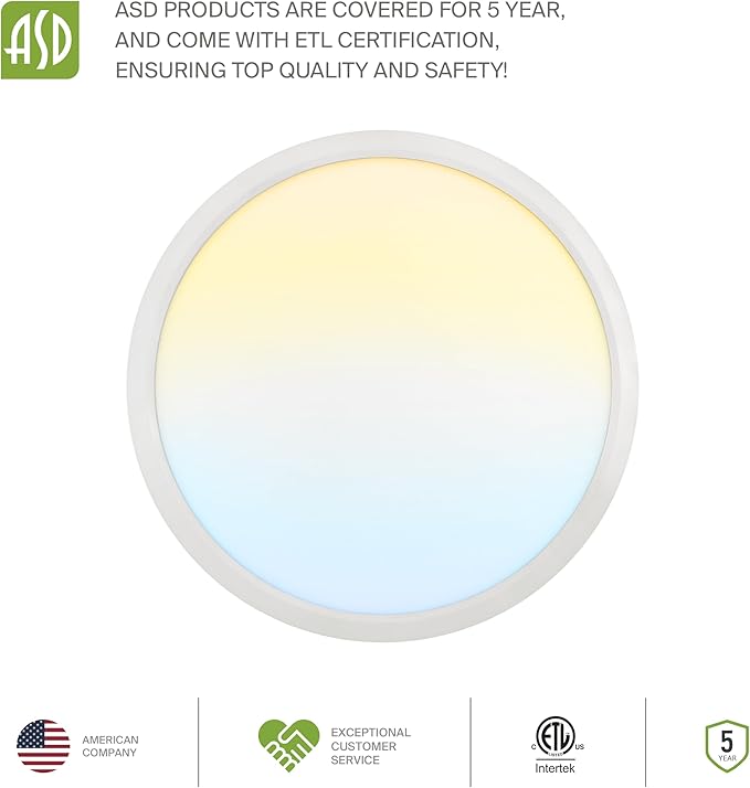 ASD LED 15" Round Flush Mount Ceiling Light Fixture, Low Profile Surface Lighting | 5CCT, Dimmable, Ultra-Thin, ETL Listed | 28W 2300LM 2700-6000K 100-277V | Kitchen, Hallway Lamp | White, 2 Pack
