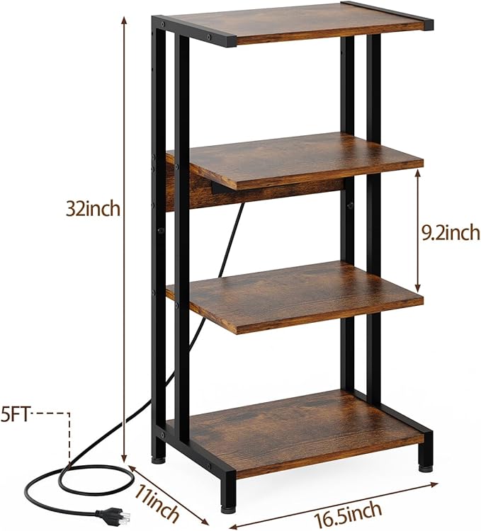 X-cosrack 16.5" Small 4-Tier AV Media Stand with Power Strips,Narrow Version Wooden Corner Shelf Stereo Cabinet Audio Rack Stand Tower for Small DVD Players Game Console TV Box Cable Box WiFi Router