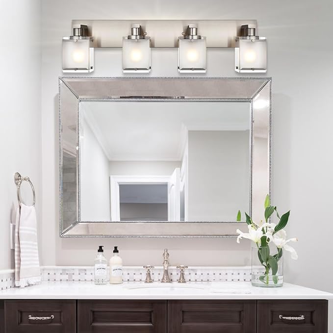 WINSHEN 4-Lights Bathroom Light Fixtures Over Mirror, Brushed Nickel Vanity Wall Mounted Lighting with Frosted Glass for Kitchen Living Room, E26 Bulb Base