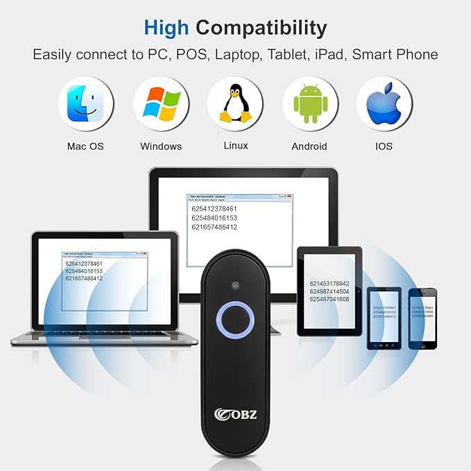 OBZ Mini Bluetooth Barcode Scanner, 2D Wireless Barcode Scanner, Versatile Portable Handheld USB 1D 2D QR Code Scanner Work with Mac OS, Windows, iOS, Android Tablet, Phone, PC, POS (Upgraded Version)