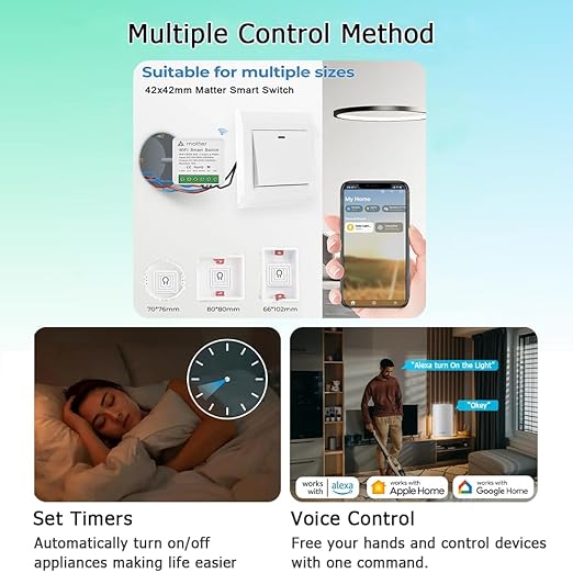 2-Pack Matter Smart Switch 16A Mini WiFi Relay Module,DIY Wireless Light Switch Voice Control with Timer&Schedule for Home Automation,Work with Apple Homekit,Alexa,Google Home,CSA Certified