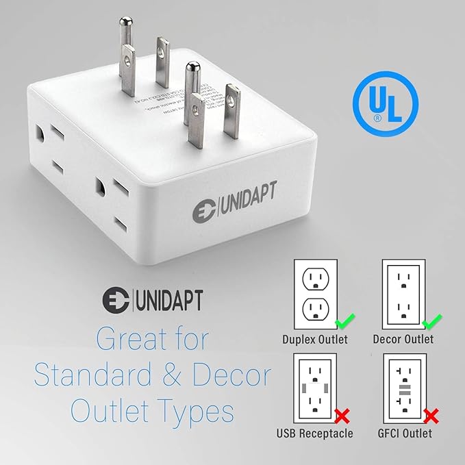 Unidapt Multi Plug Outlet Splitter, Multiple Outlets Extender Adapter with 6 AC Power Socket, Side Splitter Box, Wall Tap Plug Expander for Home Hotel Office Dorm Essentials, 2-Pack
