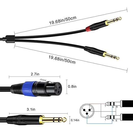 Jozzai 6.35mm Dual TRS to XLR Female Cable for Microphone, Mixer, Amplifier, 3.3 FT, Dual1/4 TRS Male to XLR Audio Cable, Y Splitter Patch Cord, 3-PinXLR to Dual 1/4 Converter Adapter Cable