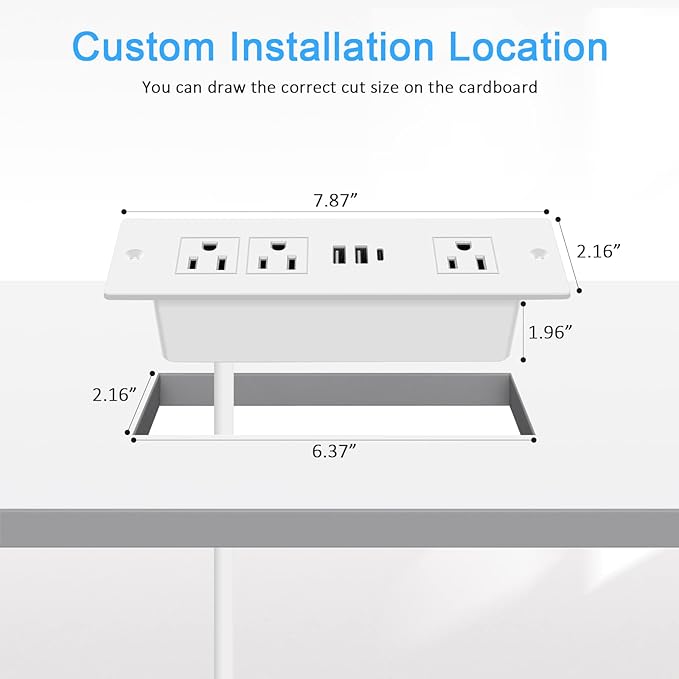 HEZI Recessed Power Strip, Furniture Drawer Outlet with 20W PD USB-C & 18W QC3.0 USB-A, Plug in 3 Outlets & USB Ports, Flush Mount 6FT White Extension Cord Conference Desk Outlets