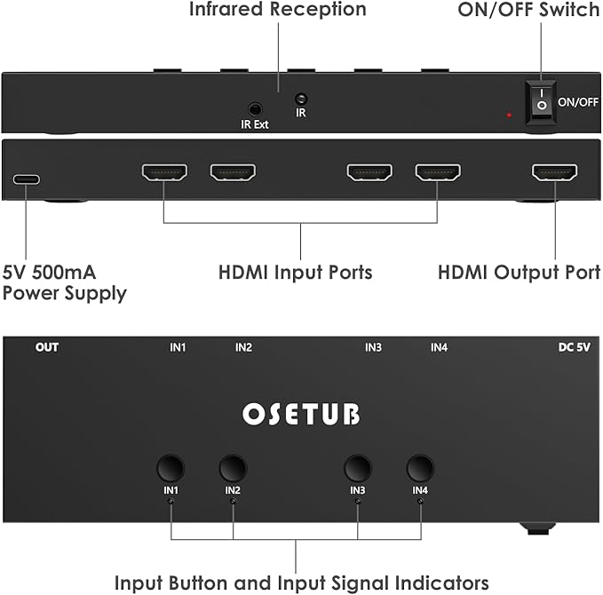 4K@60Hz 4 in 1 Out HDMI Switch, 4 Port HDMI Switcher Selector Support HDR10 & HDCP 2.2 & Full 3D with IR Remote Control Compitable with Nintendo Switch,Xbox PS5/4,Fire Stick,Roku,Apple TV for Gaming